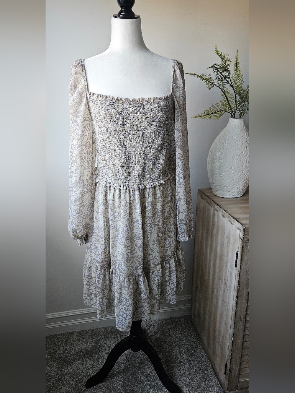 Design Lab Cream Floral Smocked Midi Dress